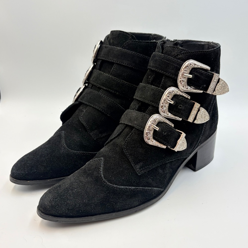 ASOS Ryder Regina Black Suede Triple Buckle Ankle Boots Women's 8 Steampunk Edgy